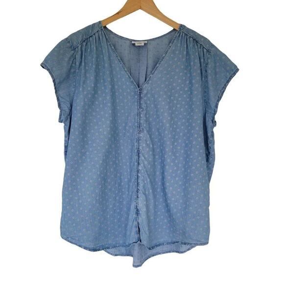 Liz Claiborne Blue Polka Dot Chambray Blouse Women’s Size XL Short Sleeve - Picture 1 of 13